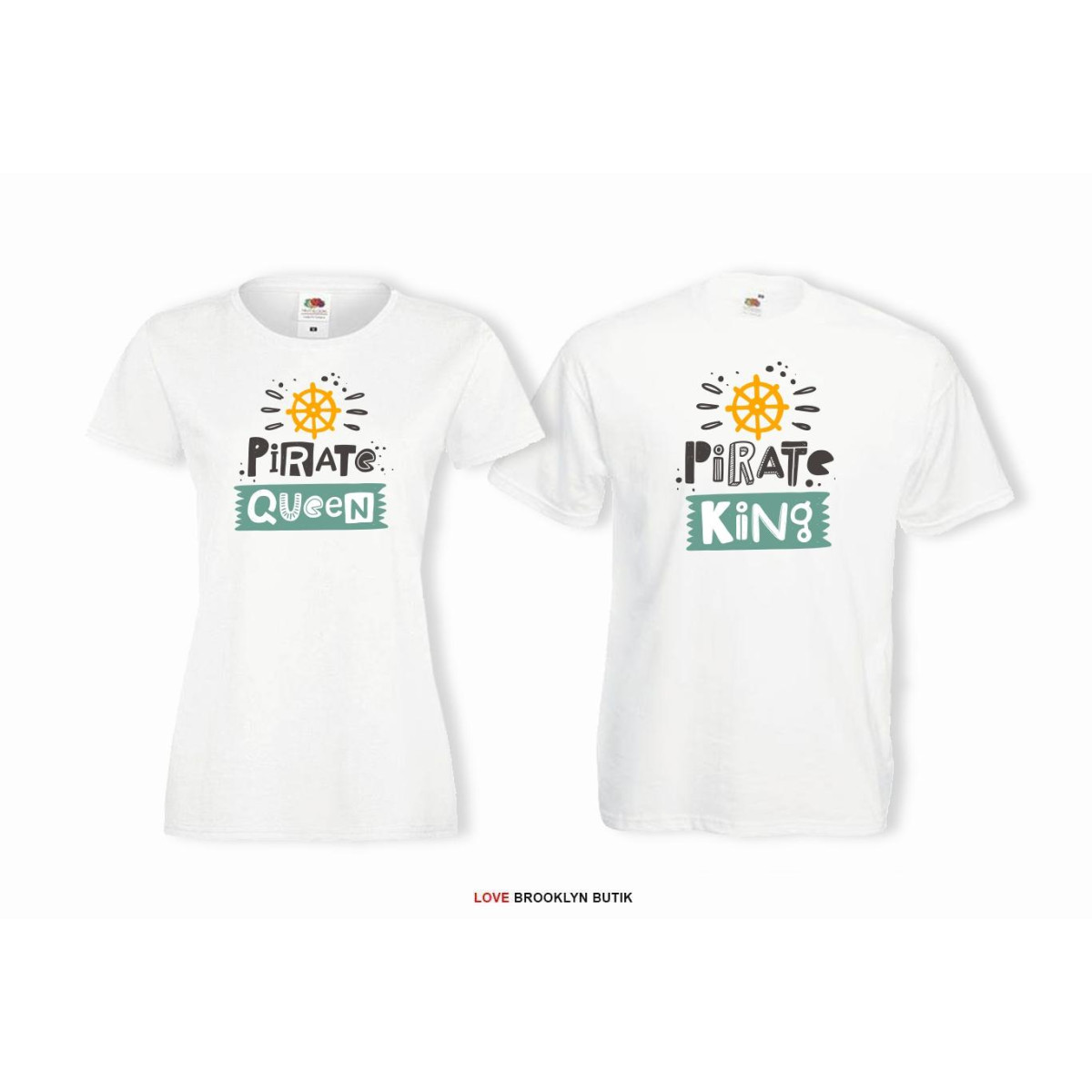 T-shirty dla par Pirate QUEEN & Pirate KING  przód biale 2 szt lady/oversize