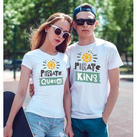 T-shirty dla par Pirate QUEEN & Pirate KING  przód biale 2 szt lady/oversize