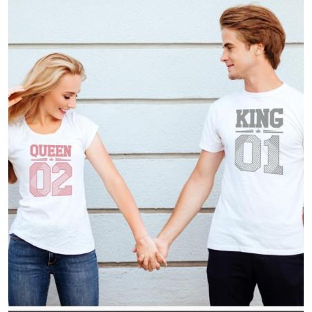T-shirty dla par King 01 & Queen 01 przód biale 2 szt lady/oversize pink/grey