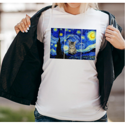 T-shirt lady slim DTG cat moon